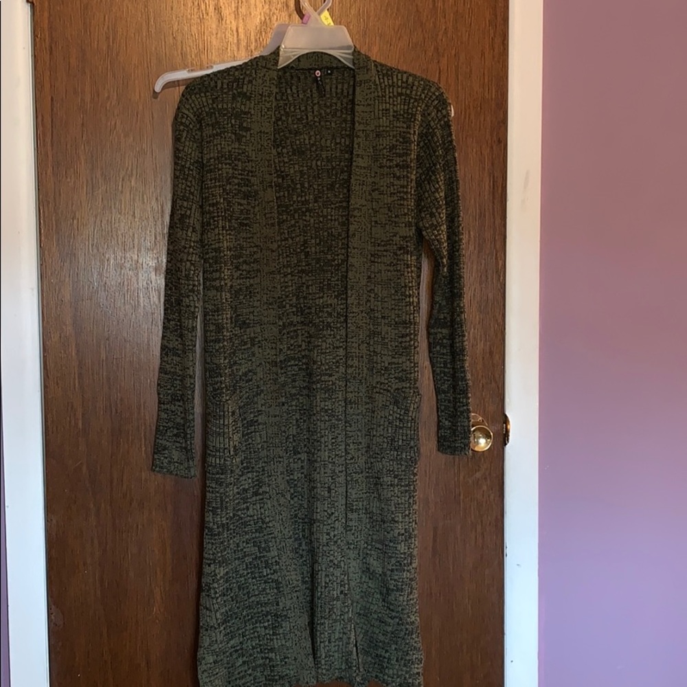 very long green long sleeve open sweater